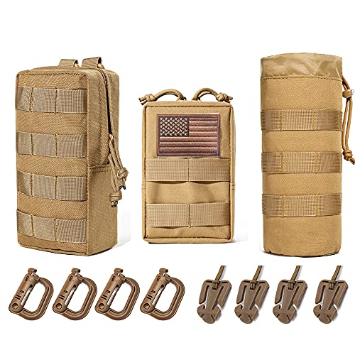 Upgraded Sports Water Bottles Pouch Bag, Tactical Drawstring Molle Water Bottle Holder Tactical Pouches, Travel Mesh Water Bottle Bag Tactical Hydration Carrier - color: Tan-3Pouch