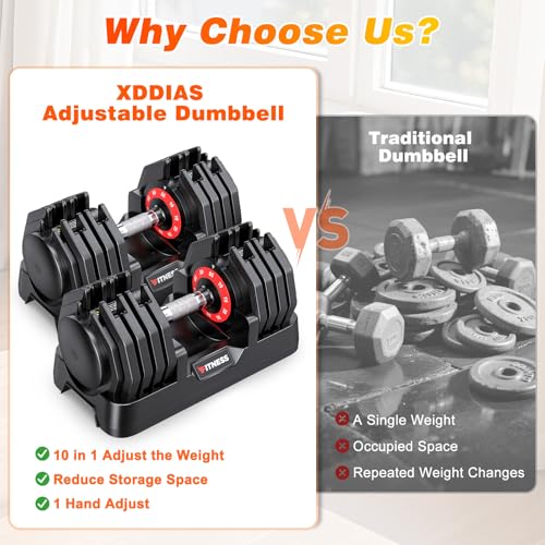 XDDIAS Adjustable Dumbbells Set of 2 for Strength Training, One-Hand Quick Adjust, 25/55/80/90 lbs Options, Anti-Slip Grip Handle, Compact Home Gym Weights for Men Women - color: Pro Steel 10-Level 55LB Pair