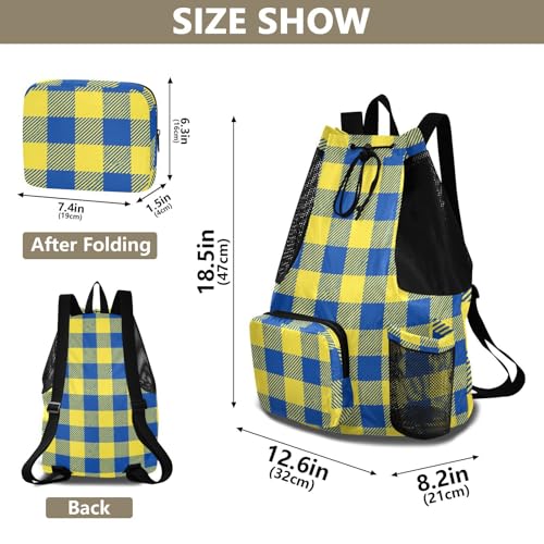 JUNZAN Plaid Grid Drawstring Backpacks Sports Gym Bag With Water Bottle Holder String Backpack Bag Waterproof Blue Yellow