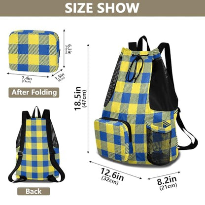 JUNZAN Plaid Grid Drawstring Backpacks Sports Gym Bag With Water Bottle Holder String Backpack Bag Waterproof Blue Yellow