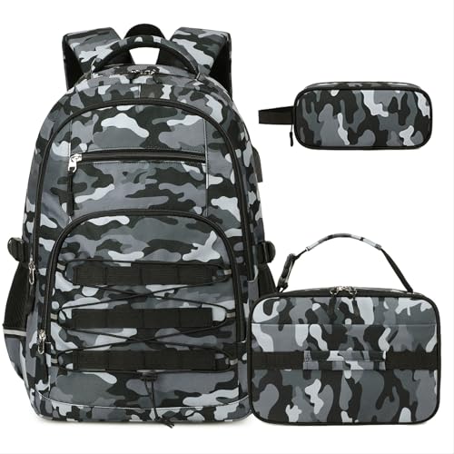 ACESAK Camo Backpack for Boys, Tactical Kids Backpack Boys, School Bags for Boy Children Teens Kids Elementary Middle High School, Military Bookbag and Lunch Bag Pencil Case Set with USB Charging Port - color: Gray Black