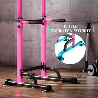 SogesPower Power Tower Dip Station Pull Up Bar for Home Gym Adjustable Height Strength Training Workout Equipment,Pull Up Bar Station - color: Pink
