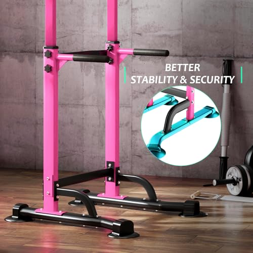 SogesPower Power Tower Dip Station Pull Up Bar for Home Gym Adjustable Height Strength Training Workout Equipment,Pull Up Bar Station - color: Pink