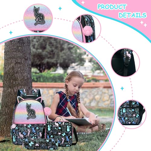 Cute Cat School Backpacks for Girls Backpacks for School Black Bookbag with Lunch Box for Elementary Students Ages 6-8 Years Old - color: Black Cat