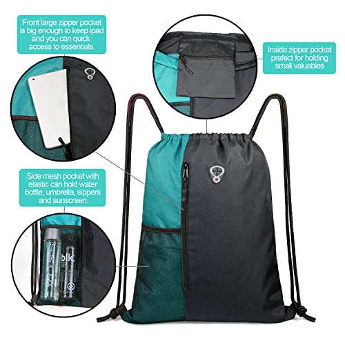 Drawstring Backpack Sports Gym Bag for Women Men Large Lightweight Backpack with Zipper and Water Bottle Mesh Pockets (Black/Teal) - color: Black/Teal, style: Drawstring With Mesh Pocket
