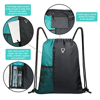 Drawstring Backpack Sports Gym Bag for Women Men Large Lightweight Backpack with Zipper and Water Bottle Mesh Pockets (Black/Teal) - color: Black/Teal, style: Drawstring With Mesh Pocket