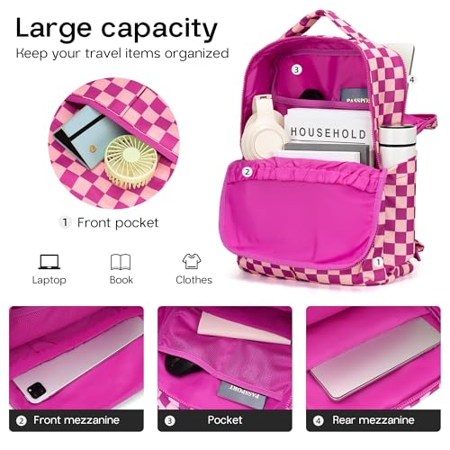 Checkered Backpack for Women Fashion Backpacks with Laptop and Multi Compartment for Travel and Work Rose Red Check - color: Rose Red Check