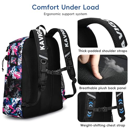 KAVIGOR Lacrosse Bag 65L, Extra Large Lacrosse Gear Backpack with Multi-Pocket Design, Helmet Holder & Ventilated Shoe Compartment - color: Camo Pink