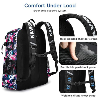 KAVIGOR Lacrosse Bag 65L, Extra Large Lacrosse Gear Backpack with Multi-Pocket Design, Helmet Holder & Ventilated Shoe Compartment - color: Camo Pink