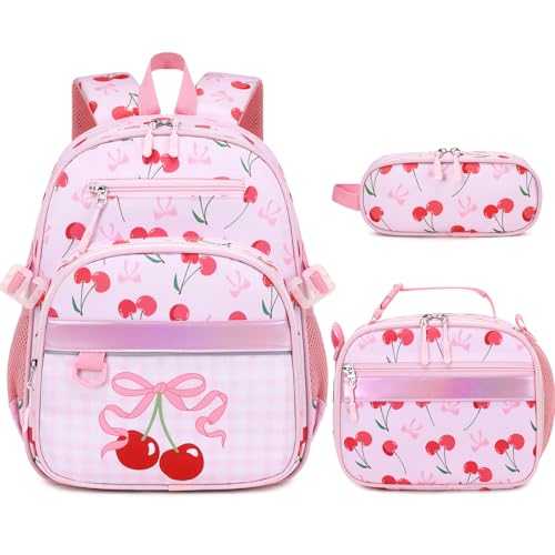 Toddler Backpack for Girls Ages 5-8, 3PCS Girls Backpack with Lunch Bag & Pencil Case - 15inch Kids School Bookbag for Preschool Kindergarten Elementary School (Cherry) - color: Cherry