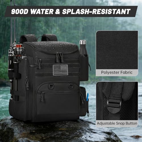 40L Fishing Backpack Water Resistant Fishing Tackle Bag with 2 Rod Holders, Tackle Storage Bag for Anglers(Black,Bag Only) - color: Black