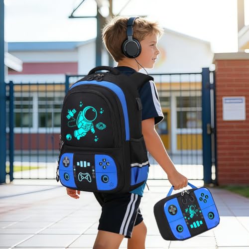 Bevalsa Backpack for School Boys, Cool Luminous Gamer Boys Schoolbag with Lunch Box & Pencil Case Set for Kids Teens Elementary Middle School, Bookbag Glow In The Dark(Blue Astronaut Backpack) - color: Blue Astronaut, style: Backpack