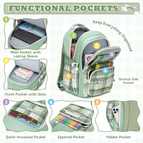 MUSEVOS Girls Backpack, Elementary Middle School Backpack, Large Capacity Kids Bookbag - color: Green/Gold Thread