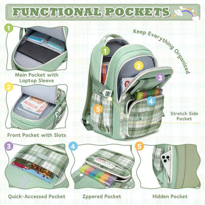MUSEVOS Girls Backpack, Elementary Middle School Backpack, Large Capacity Kids Bookbag - color: Green/Gold Thread