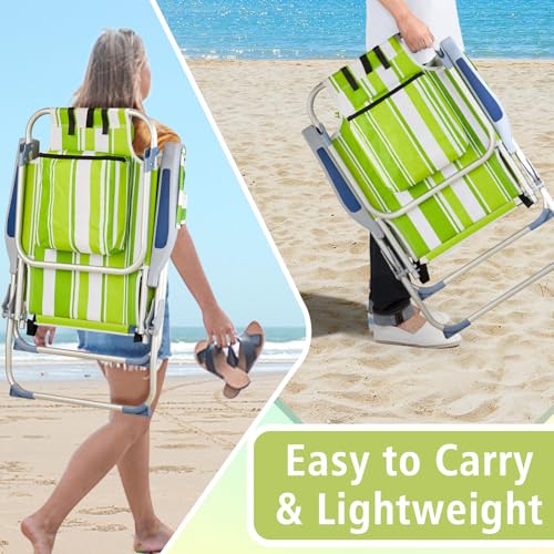 Tall Beach Chairs for Adults,Backpack Chair with 5-Position,Green Stripes - color: Green Stripes