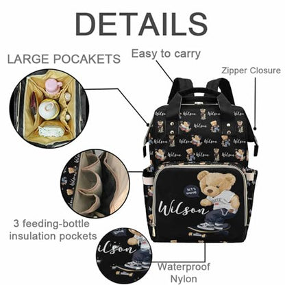 Artsadd Personalized Bear Diaper Bag Backpack for Baby Boys, Custom Name Large Capacity Multifunction Nappy Bags Mommy Waterproof Travel Daypack - color: Bear 12