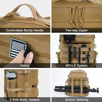 Military Tactical Backpack 25L Day Backpack for Men Molle Army 3 Days Assault Pack Bug Out Bag Water Resistant and Heavy Duty Hiking Treeking Rucksack - Brown - color: Brown, size: 25L