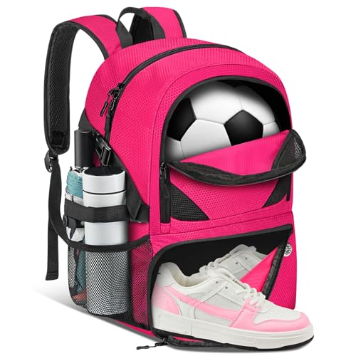 Soccer Backpack with Seperate Compartment, Water Resistant Sport Bags fit for Basketball, Volleyball, Football - color: Pink