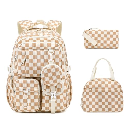 MOONBABY Girls Backpack, Kids Backpack for Girls, School bag for Primary Elementary Teenage, Middle School Students Bookbag - color: 3pcs-brown Check