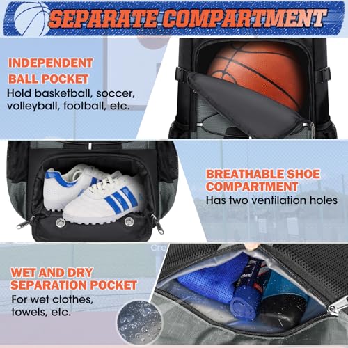 RAINSMORE Basketball Backpack 45L Basketball Bag with Separate Ball Holder & Shoes Compartment Water Resistant Sports Bag Basketball Equipment Bags Fit Volleyball, Soccer, Swim, Gym, Travel - color: Grey