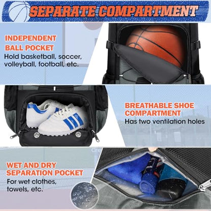 RAINSMORE Basketball Backpack 45L Basketball Bag with Separate Ball Holder & Shoes Compartment Water Resistant Sports Bag Basketball Equipment Bags Fit Volleyball, Soccer, Swim, Gym, Travel - color: Grey