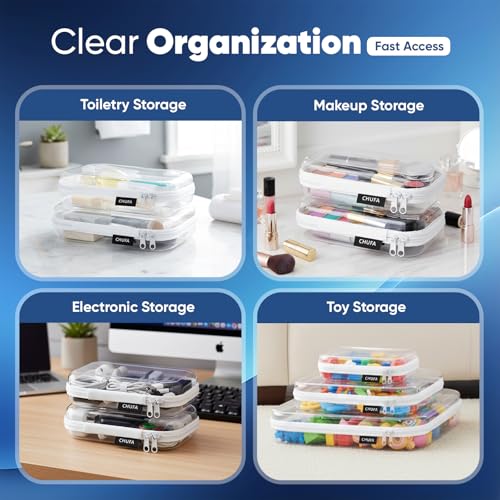 6 Pack Clear Hard Shell Zipper Case, See-Through Hard Plastic Organizer Pouches for Travel – Toiletries, Makeup, Electronics & Pencils, Crush-Resistant Storage, 3 Sizes (2 Small/2 Medium/2 Large)