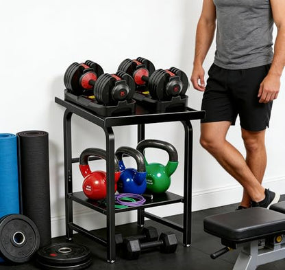 Adjustable Dumbbell Rack Weight Stand, 500LBS Heavy Duty Solid 2-Tier Kettlebell Storage Organizer, Full Rubber Anti-Slip Mat Space Saving Gym Rack for Home Garage (Rack Only, No Dumbbells)