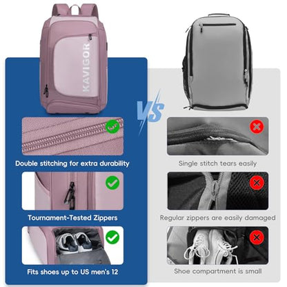 KAVIGOR Pickleball Bag, Large Pickleball Backpack Holds 4 to 6 Paddles, Shoes Compartment & Wet/Dry Pocket (9 Pockets), Charge Port - color: Berry Pink