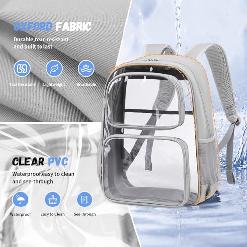 Sisipoet Clear Backpack for School, Heavy Duty PVC Transparent Backpack with Oxford Fabric Side Panels, Large Clear Bookbag for Teens Students Women Men, Grey - color: Grey