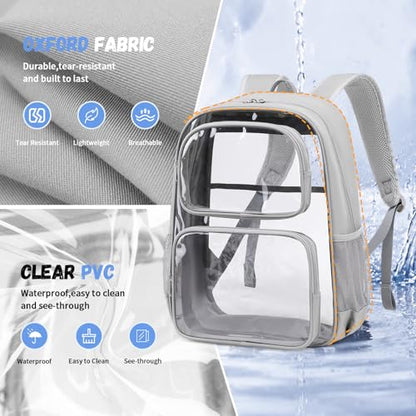 Sisipoet Clear Backpack for School, Heavy Duty PVC Transparent Backpack with Oxford Fabric Side Panels, Large Clear Bookbag for Teens Students Women Men, Grey - color: Grey