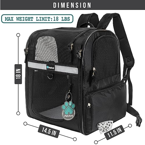 PetAmi Dog Backpack Carrier for Cats and Small Dogs, 4-Way Entry Ventilated Mesh Pet Carrier for Hiking Travel, Foldable Top with Sherpa Bed, Reflective and Poop Bag Dispenser, Up to 18 lbs, Black - color: Black