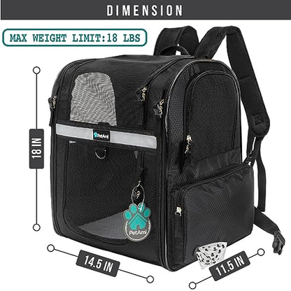 PetAmi Dog Backpack Carrier for Cats and Small Dogs, 4-Way Entry Ventilated Mesh Pet Carrier for Hiking Travel, Foldable Top with Sherpa Bed, Reflective and Poop Bag Dispenser, Up to 18 lbs, Black - color: Black
