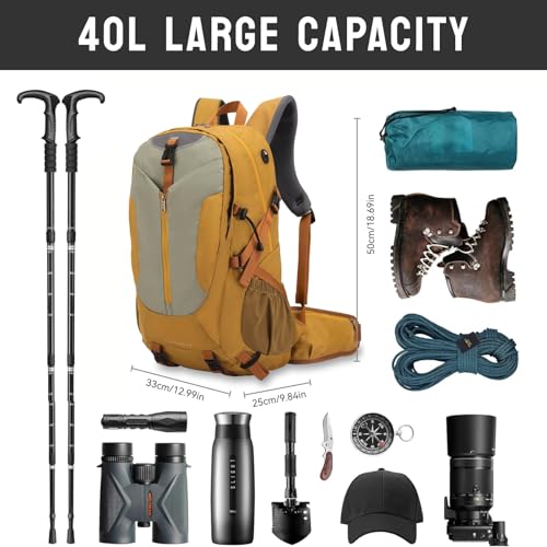 Hiking Backpack 40L, Waterproof Hiking Backpack with Rain Cover, Large Camping Bag Outdoor Sport Travel Daypack | Rain Cover - color: Yellow-b