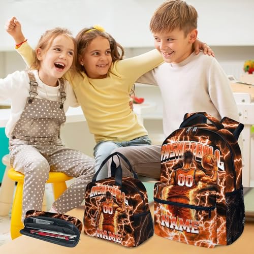 UNIKITTY Boys Basketball Backpack Set, Personalized School Backpack with Lunch Box & Pencil Case – 17 Inch Large Capacity Basketball Bookbag, Water Resistant for Kids Teens Elementary & Middle School - color: Orange