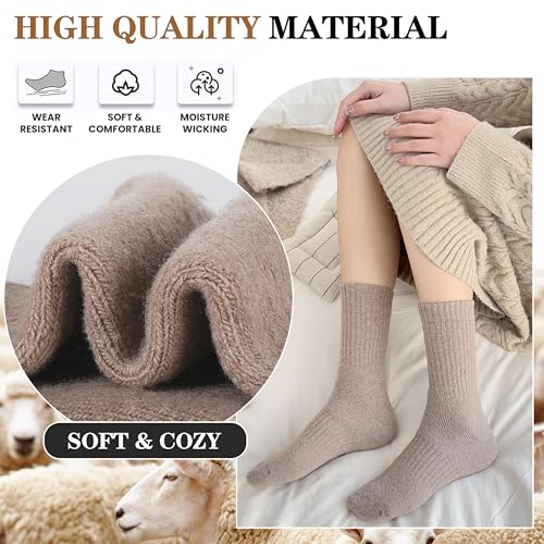 MOGGEI 5 Pairs Womens Merino Wool Socks Hiking Warm Winter Thick Thermal Crew Cozy Cabin Ladies Gift Comfy Boot Work Socks - color: Khaki/Coffee/Gray/Blue