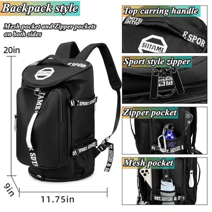 Gym Duffle Bag Backpack with Shoe Compartment,4 ways Travel Backpack for Women and Men,Multi-Functional Weekender bag with Waterproof Layer&Laptop Compartment for Fitness, Travel,Camping - color: Black