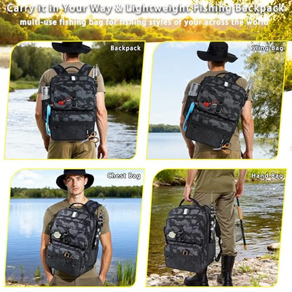 Fishing Backpack with Tackle Boxes and Rod Holder, 24L Fishing Sling Bag with Fishing Lures Kit, Fishing Gear Bag Gifts for Men Women - Camo Black Backpack - color: Camo Black