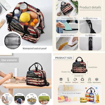 School Backpack Set with Lunch Box Pencil Case 3 In 1 American Flag Fish School Bag Bookbag for Boys Girls Lager Capacity Student Daypack - color: American Flag Fish