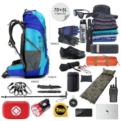 75L Hiking Backpack with Rain Cover Waterproof Camping Backpack Shoes Warehouse for Men Women, Frameless - color: Blue, size: 75L