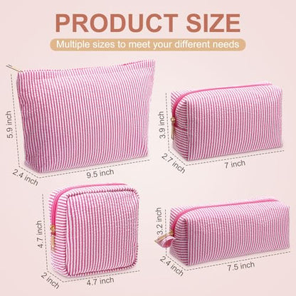 Sanwuta 4 Pcs Seersucker Pouch Cosmetic Bag Set Seersucker Makeup Bag Women Stripe Large Travel Toiletry Organizer Aesthetic Preppy Storage for Embroidery Women Bridesmaid Gifts(Pink) - color: Pink