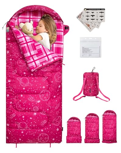 KingCamp 45°F Kids Sleeping Bag, Lightweight Waterproof & Compact Flannel Sleeping Bags Cold Weather & Warm Youth Essentials Gear Accessories for Camping, Fits 10-12 Children up to 4'7"-5'5" Tall - color: 8.6°F ~44.6°F RoseRed Left 4-in-1