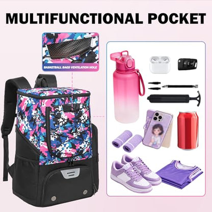 Basketball Backpack, Basketball Bag with Separate Ball Holder & Shoes Compartment Water Resistant Sports Bag Basketball Equipment Bags Fit Volleyball, Soccer, Swim, Gym, Travel, Camouflage (Small) - color: Pink-small