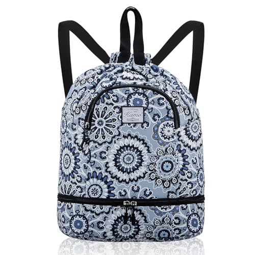 Kamo Drawstring Backpack Bag - Sport Swimming Yoga Backpack with Shoe Compartment, Two Water Bottle Holder for Men Women Large String Backpack Athletic Sackpack for Travel - color: Blue Circle Flower