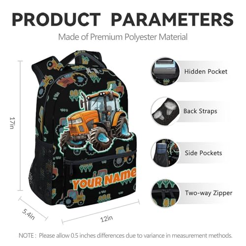 Custom Toddler Tractor Backpack - 17 Inch Kids Boys Construction Backpacks 6-8, Large Capacity Preschool Travel Book Bag for Primary School - color: Orange