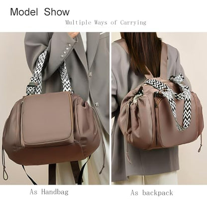 Tote Bag Large Capacity Lightweight Backpack with 15 Pockets Nylon Shoulder Bag for Car Travel Mother Bag - color: Khaki