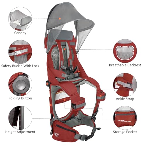 WIPHA Hiking Backpack Carrier,Lightweight Toddler Shoulder Carrier with Sun Shade, Saddle Toddler Backpack for Kids 6 Months to 2 Years Old - color: Antelope-I-Red