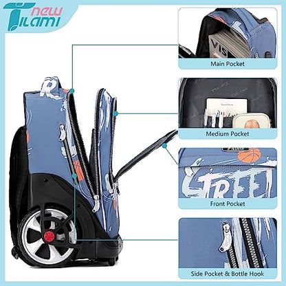 NEW TILAMI 19 Inch Rolling Backpack with Lunch Bag for Girls Boys Wheeled Laptop Backpack Durable Carry-on Bag School Travel, Street Basketball - color: Blue Street Basketball