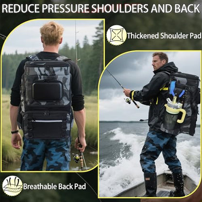 Fishing Backpack with Rod Holder, Large 50L Tackle Bag Water Resistant Tackle Backpack Heavy Duty Fishing Bag Gift for Men Woman - color: B: Camo Gray