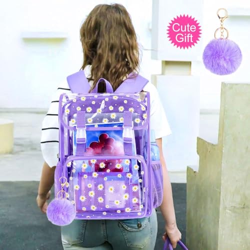 3PCS Clear Backpack, Heavy Duty Transparent Bookbag for Girls Women, Stadium Approved See Through Backpack with Lunch Box (Purple Daisy) - color: Purple Daisy