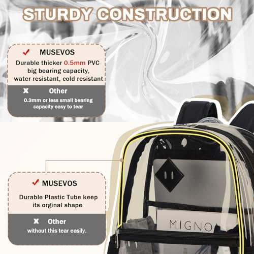 MUSEVOS Clear Backpack, Heavy Duty See Through Book Bag for Work, Security, Concerts, College Transparent PVC bookback Stadium Approved,Black(Semi-transparent) - color: Black